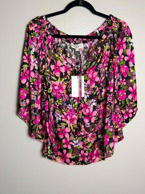Hale Bob Vibrant Pink Floral Off-Shoulder Blouse